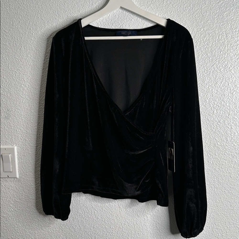 RACHEL ROY Black Velvet V-Neck wrap Blouse size M whimsical - Picture 2 of 7